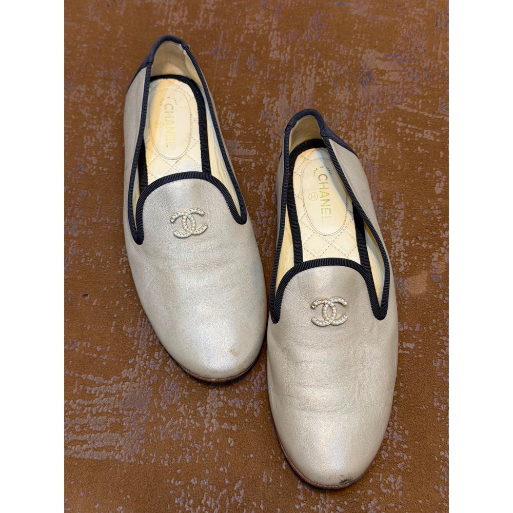 Chanel G31630 Metallic Champagne Leather Crystal CC Smoking Slippers 38.5